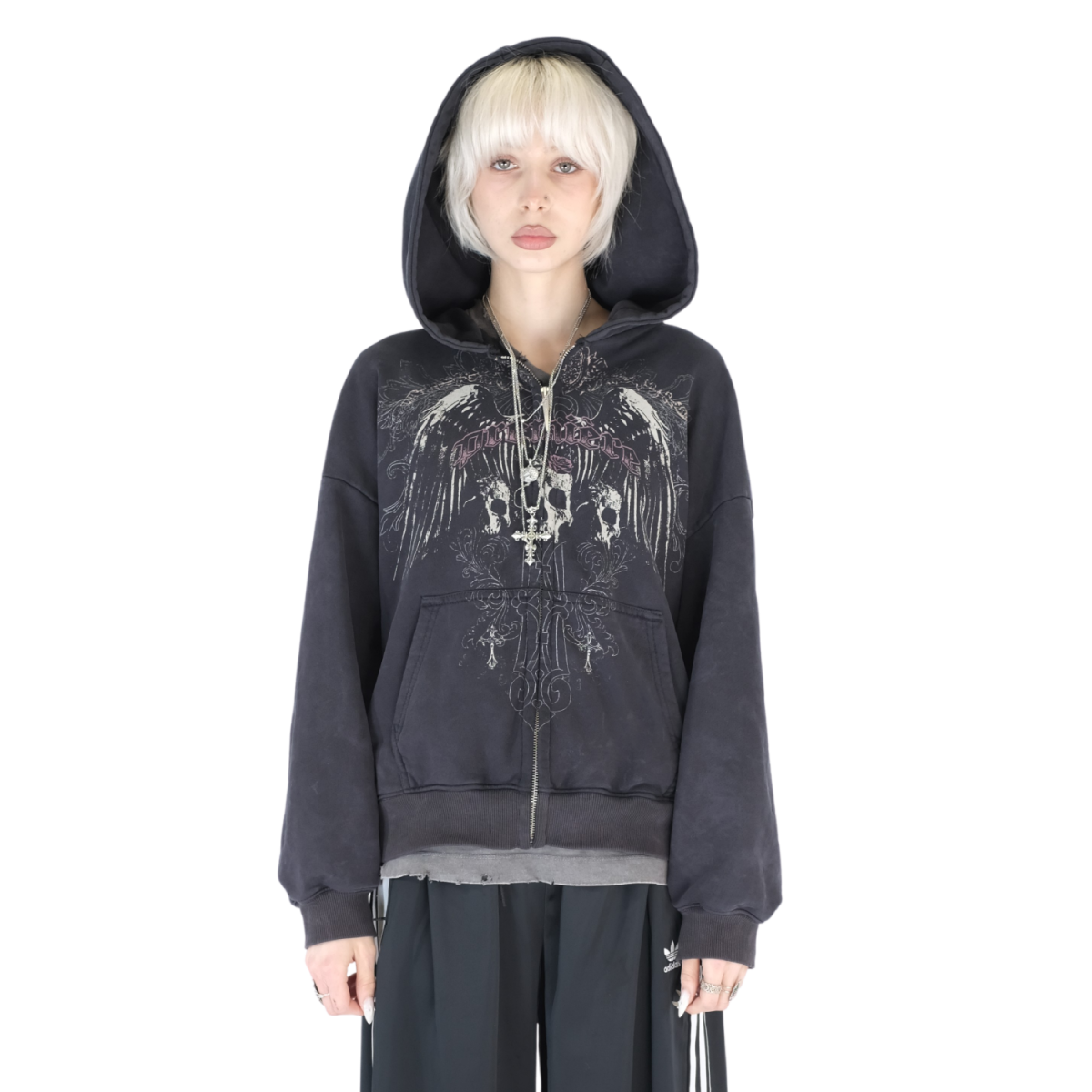 GOTHIC ZIP HOODIE WASHED BLACK