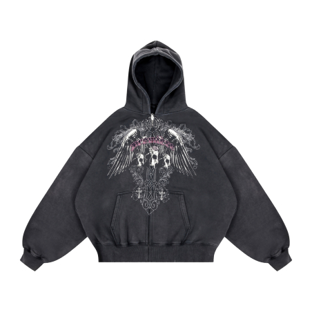 GOTHIC ZIP HOODIE WASHED BLACK